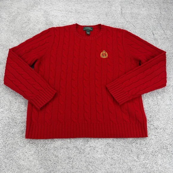 Lauren Ralph Lauren Sweaters - Lauren Ralph Lauren Sweater Womens Large Red Lambswool RL Crest Cable Knit VTG